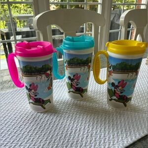 Three Disney Refillable Cups BPA Free 16 oz 6.5” tall 3.5” diameter lid